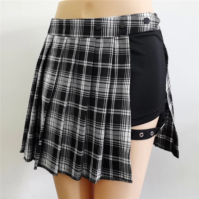 Pleated Girls Gothic Half Skirts Summer Harajuku Punk Style Plaid Irregular Skirts Women Asymmetrical High Waist Black Skirts