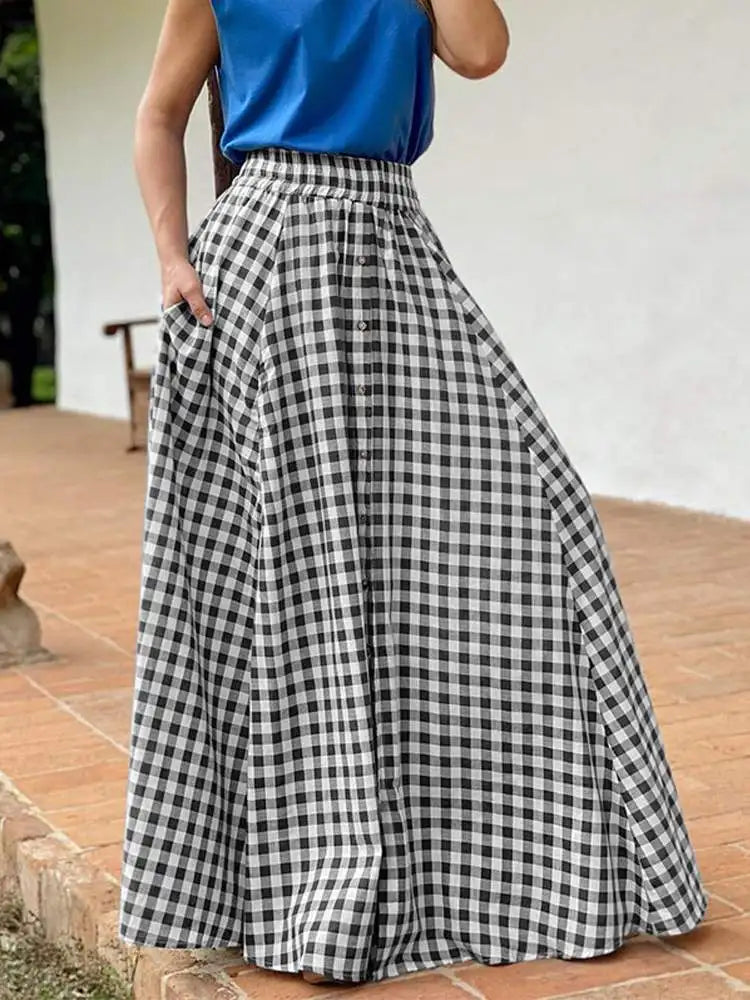 ZANZEA Women Bohemian Skirts 2023 Summer Plaid Maxi Long Skirts Casual Elastic Waist Bottoms Ladies A-line Skirts