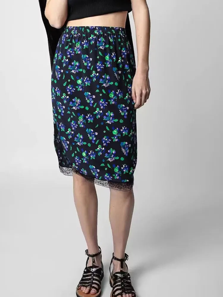 Women Slit Skirt Silk Letter Floral Print Elastic Waist Ladies Midi Jupe or Camis Spring Summer 2023