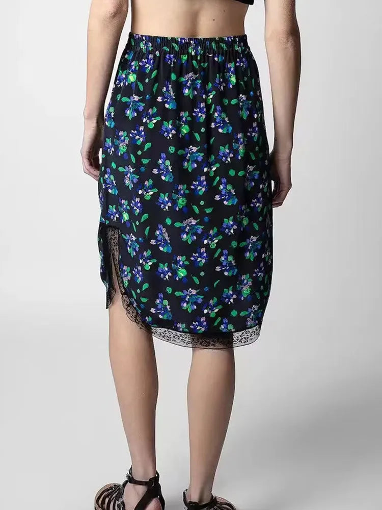 Women Slit Skirt Silk Letter Floral Print Elastic Waist Ladies Midi Jupe or Camis Spring Summer 2023
