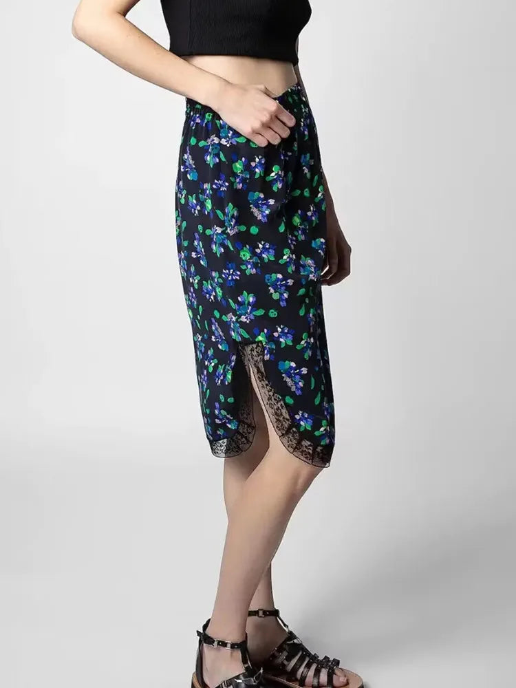 Women Slit Skirt Silk Letter Floral Print Elastic Waist Ladies Midi Jupe or Camis Spring Summer 2023