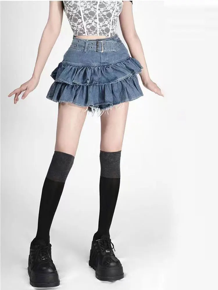 Kawaii  Denim Mini Skirt Women Cute Punk Harajuku Emo tutu Jeans Skirts Indie Aesthetic Korean Fashion Casual y2k Clothes Summer