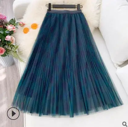 Qooth Cute Plaid Tulle Skirt Women Fashion 2022 Spring Summer Korean School Checked High Waist Pleated Maxi Skirt Female QH2227