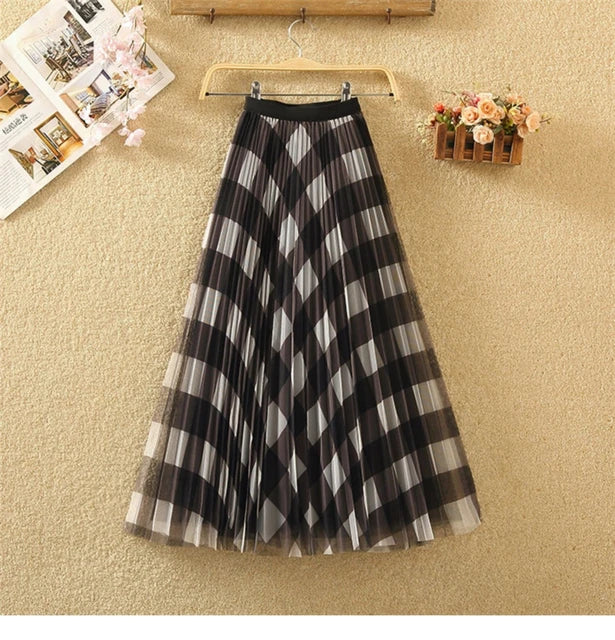Qooth Cute Plaid Tulle Skirt Women Fashion 2022 Spring Summer Korean School Checked High Waist Pleated Maxi Skirt Female QH2227