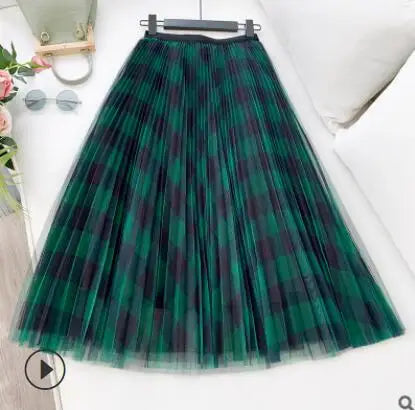 Qooth Cute Plaid Tulle Skirt Women Fashion 2022 Spring Summer Korean School Checked High Waist Pleated Maxi Skirt Female QH2227