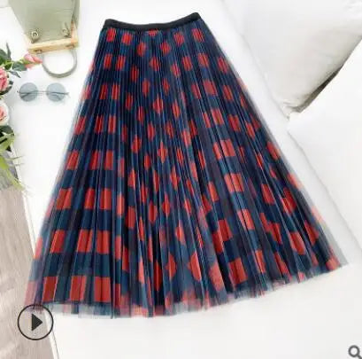 Qooth Cute Plaid Tulle Skirt Women Fashion 2022 Spring Summer Korean School Checked High Waist Pleated Maxi Skirt Female QH2227