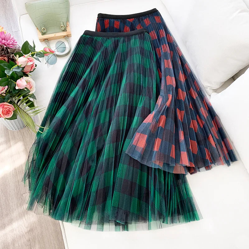 Qooth Cute Plaid Tulle Skirt Women Fashion 2022 Spring Summer Korean School Checked High Waist Pleated Maxi Skirt Female QH2227