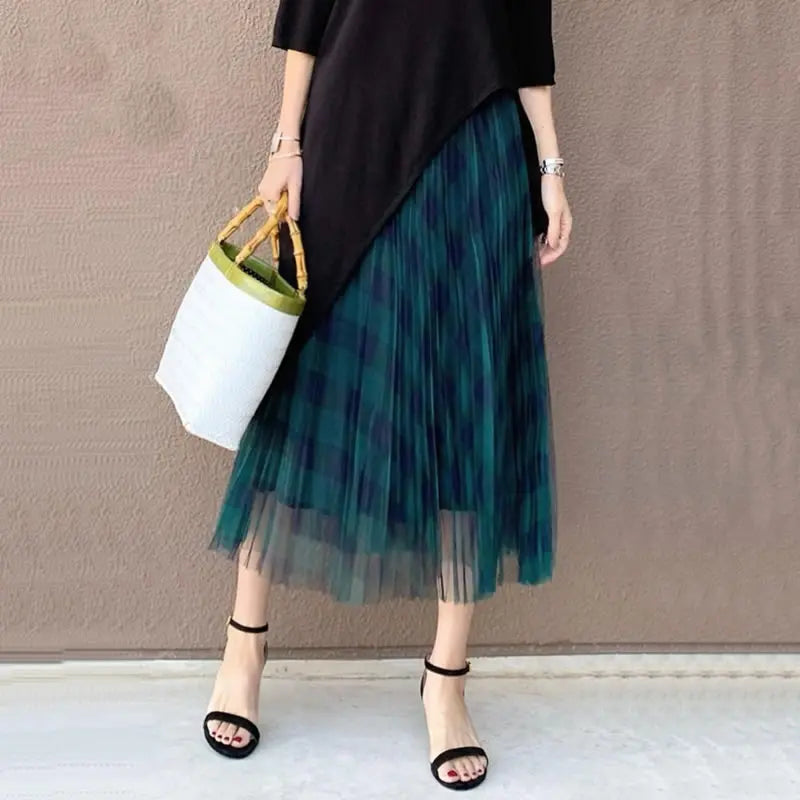 Qooth Cute Plaid Tulle Skirt Women Fashion 2022 Spring Summer Korean School Checked High Waist Pleated Maxi Skirt Female QH2227