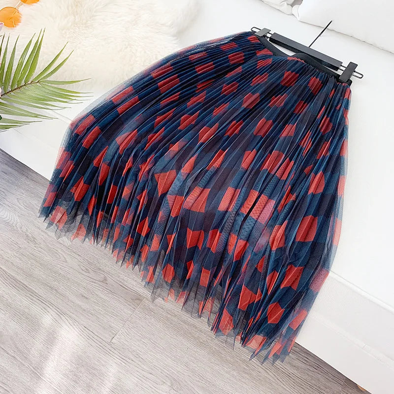 Qooth Cute Plaid Tulle Skirt Women Fashion 2022 Spring Summer Korean School Checked High Waist Pleated Maxi Skirt Female QH2227