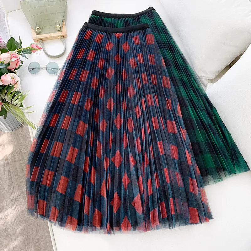 Qooth Cute Plaid Tulle Skirt Women Fashion 2022 Spring Summer Korean School Checked High Waist Pleated Maxi Skirt Female QH2227