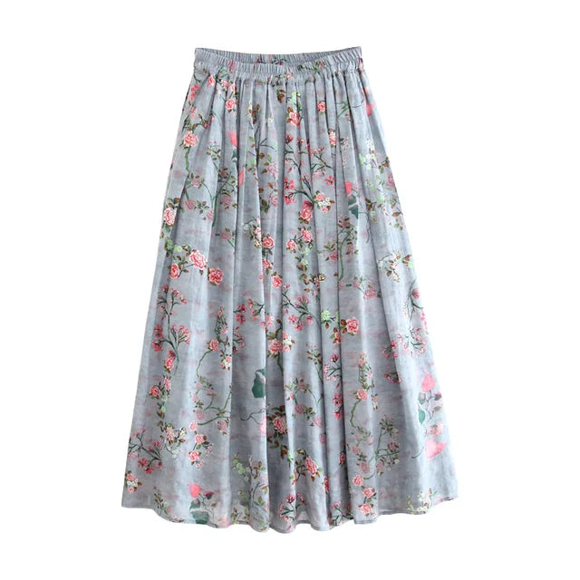 Qooth Spring Summer Women High-waisted Floral Printed Skirts Women Casual Eleqant Mid-length Vintage Skirt QT1711