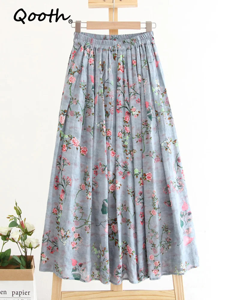 Qooth Spring Summer Women High-waisted Floral Printed Skirts Women Casual Eleqant Mid-length Vintage Skirt QT1711