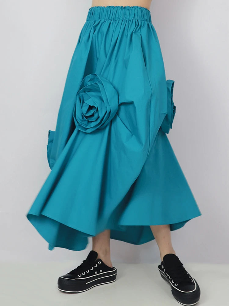 EWQ Three-dimensional Irregular Flower Black Skirt Is Thin And The Flower Bud Elastic Waist Skirts 2023 Summer New Style 16Y37