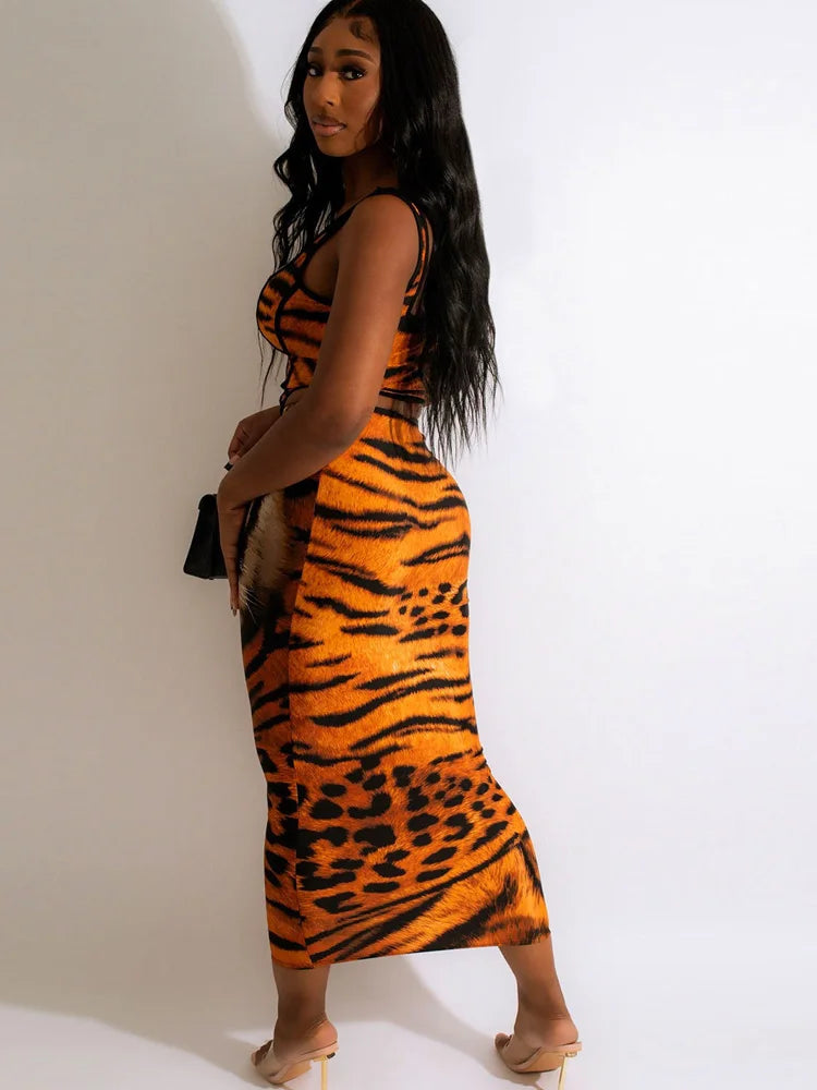 Kricesseen Sexy Print Tiger Leopard Skirt Set Summer Women Sleeveless Tank Top And Ankle Length Skirt Suits Clubwear Outfits
