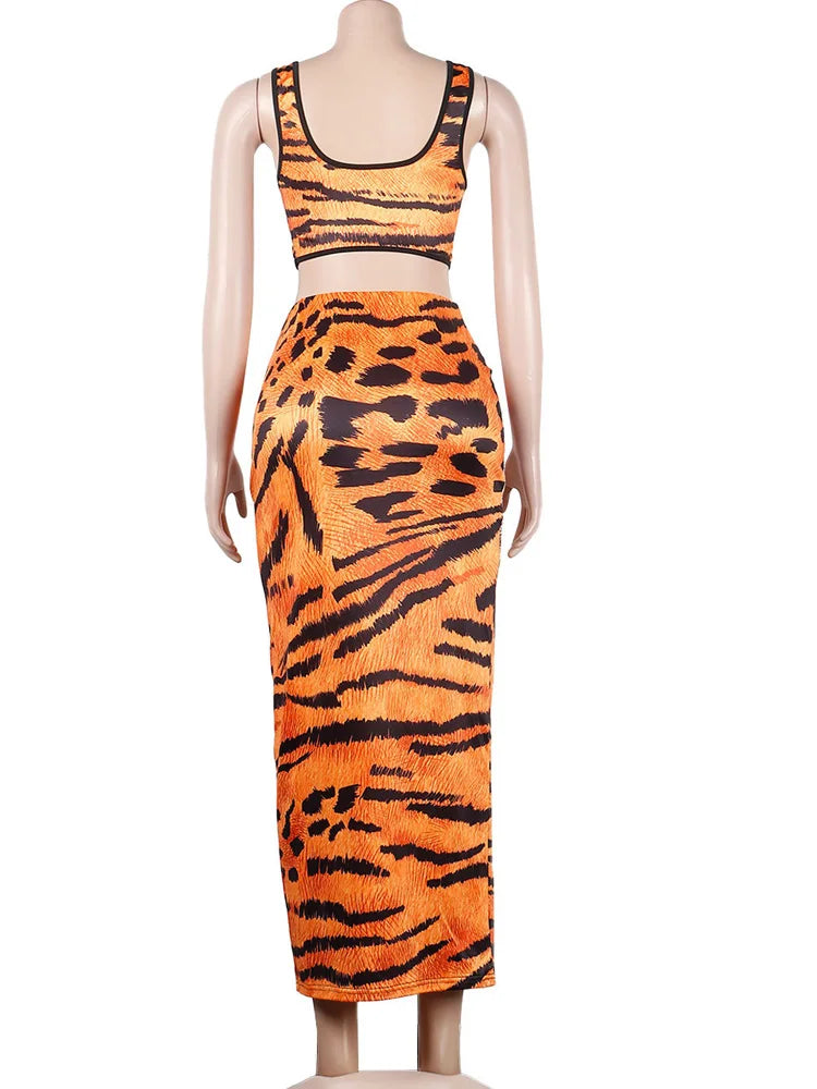 Kricesseen Sexy Print Tiger Leopard Skirt Set Summer Women Sleeveless Tank Top And Ankle Length Skirt Suits Clubwear Outfits