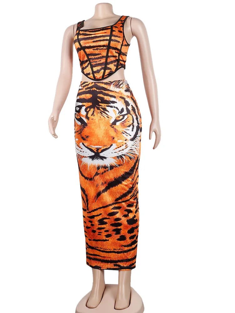 Kricesseen Sexy Print Tiger Leopard Skirt Set Summer Women Sleeveless Tank Top And Ankle Length Skirt Suits Clubwear Outfits
