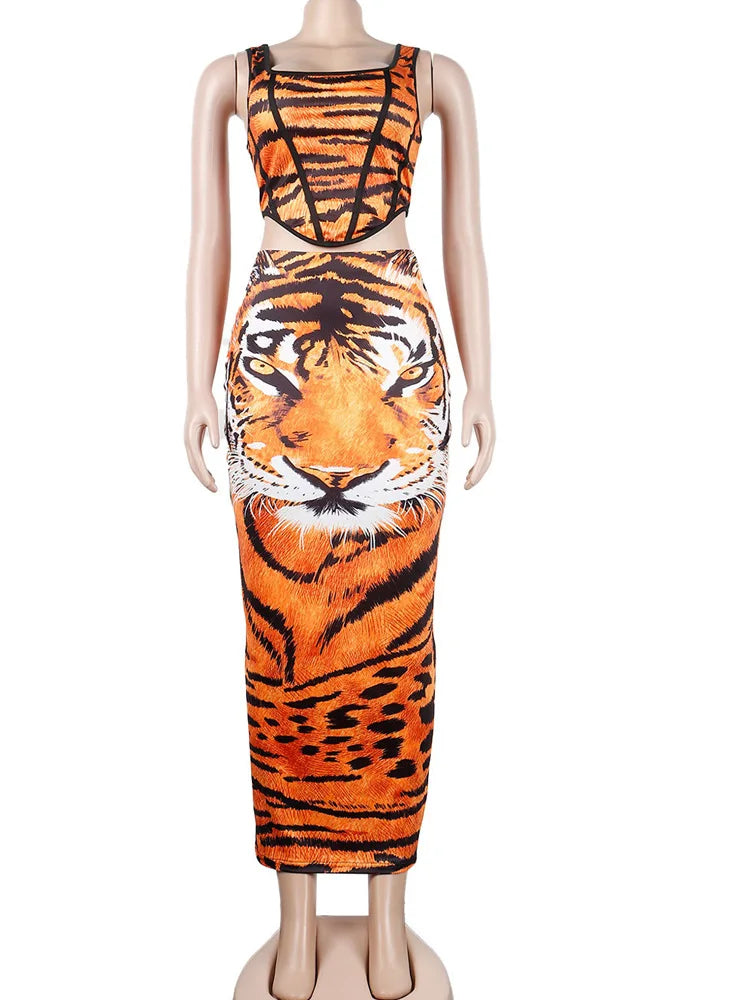 Kricesseen Sexy Print Tiger Leopard Skirt Set Summer Women Sleeveless Tank Top And Ankle Length Skirt Suits Clubwear Outfits