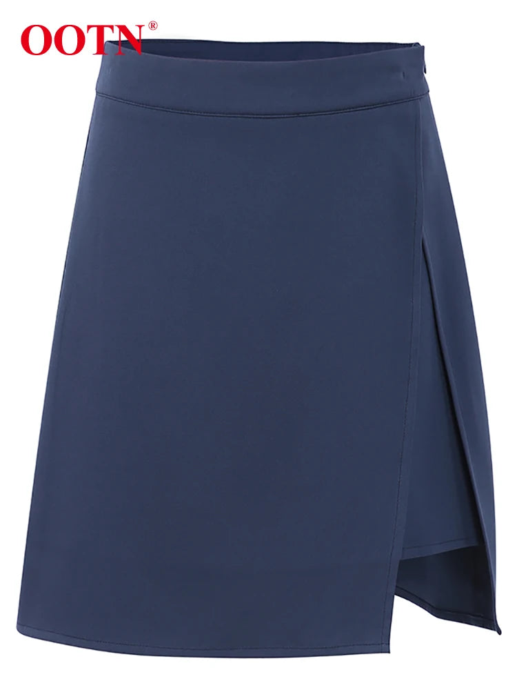 OOTN Sexy Split A-Line Skirts Women 2022 High Waist Office Irregular Mini Skirts Blue Slim Short Skirt Autumn Fashion Streetwear