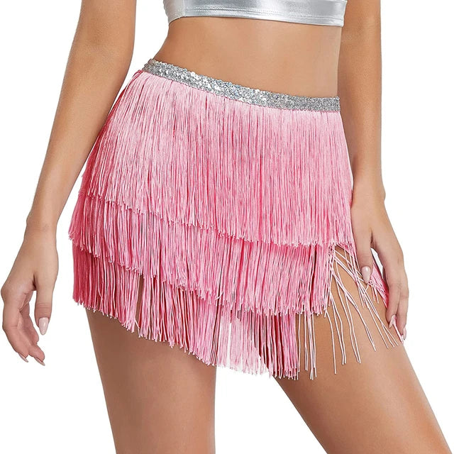 Women Sequin Tassel Tutu Skirt Rave Fringe Belly Dance Hip Scarf Wrap Skirt Club Mini Skirt Sexy Club party Clothing