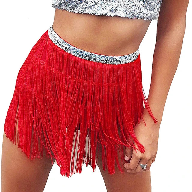 Women Sequin Tassel Tutu Skirt Rave Fringe Belly Dance Hip Scarf Wrap Skirt Club Mini Skirt Sexy Club party Clothing