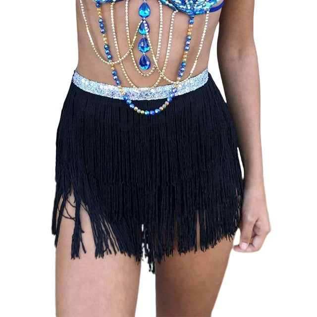 Women Sequin Tassel Tutu Skirt Rave Fringe Belly Dance Hip Scarf Wrap Skirt Club Mini Skirt Sexy Club party Clothing