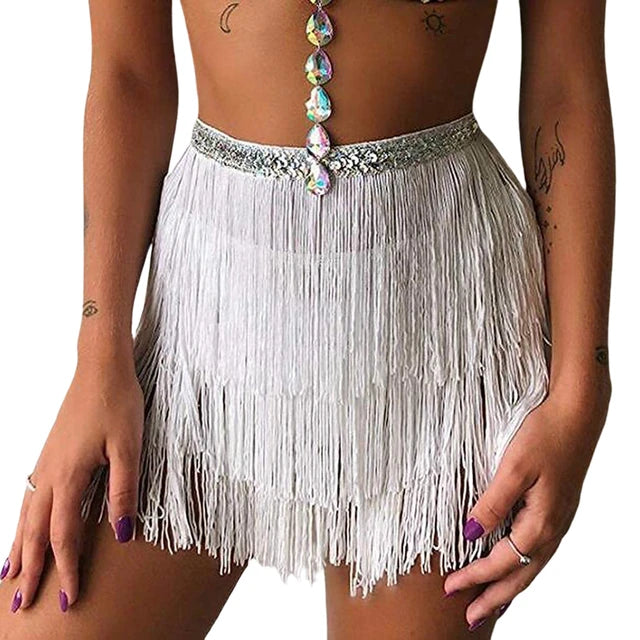 Women Sequin Tassel Tutu Skirt Rave Fringe Belly Dance Hip Scarf Wrap Skirt Club Mini Skirt Sexy Club party Clothing