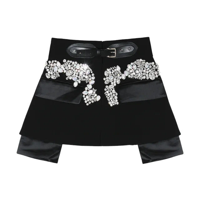 RSC Women Black Bead Patchwork PU Design Skirt Mini Length High Street Style Wild Slim Fashion Tide Autumn Summer 2022 RS0106