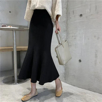 Knitting Knitting Winter Elegance High Elastic Waist Wrap Hip Temperament Ruffles A-line Skinny Mermaid Women Long Skirt