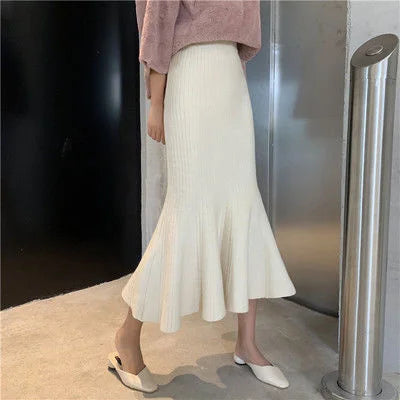 Knitting Knitting Winter Elegance High Elastic Waist Wrap Hip Temperament Ruffles A-line Skinny Mermaid Women Long Skirt