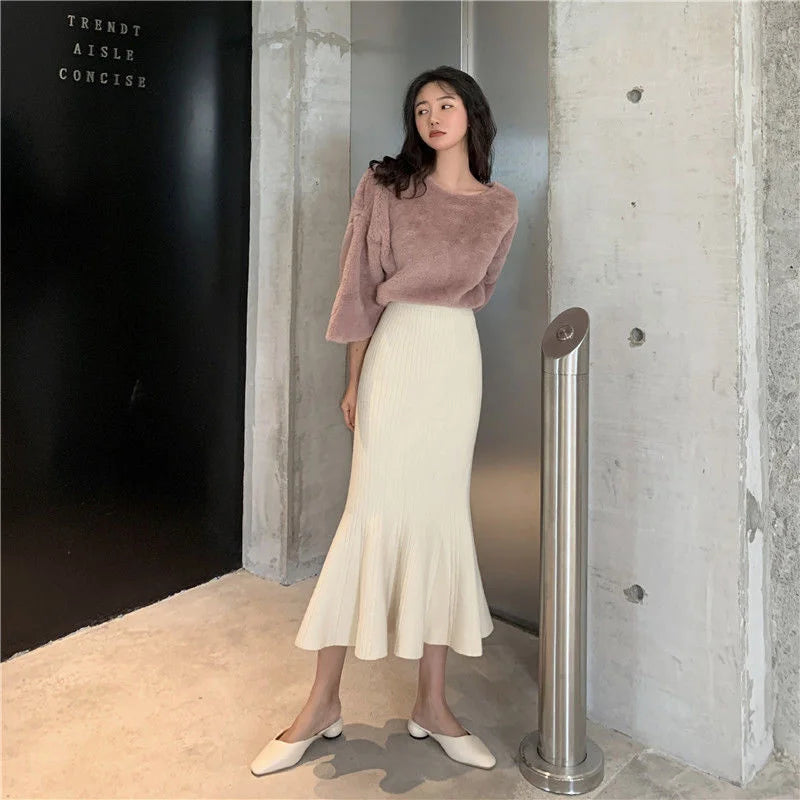 Knitting Knitting Winter Elegance High Elastic Waist Wrap Hip Temperament Ruffles A-line Skinny Mermaid Women Long Skirt