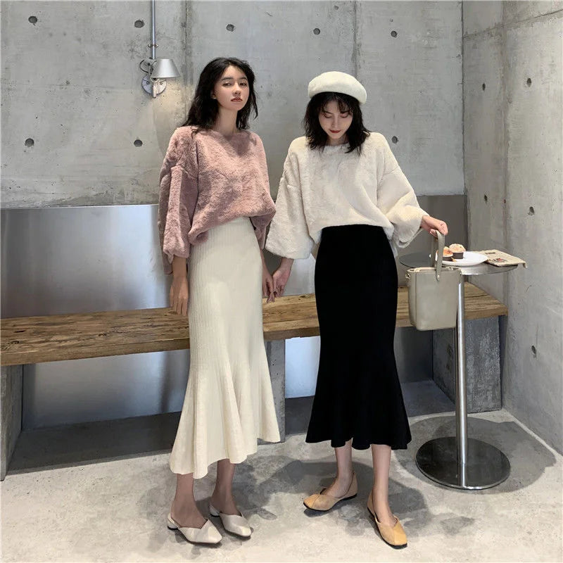 Knitting Knitting Winter Elegance High Elastic Waist Wrap Hip Temperament Ruffles A-line Skinny Mermaid Women Long Skirt