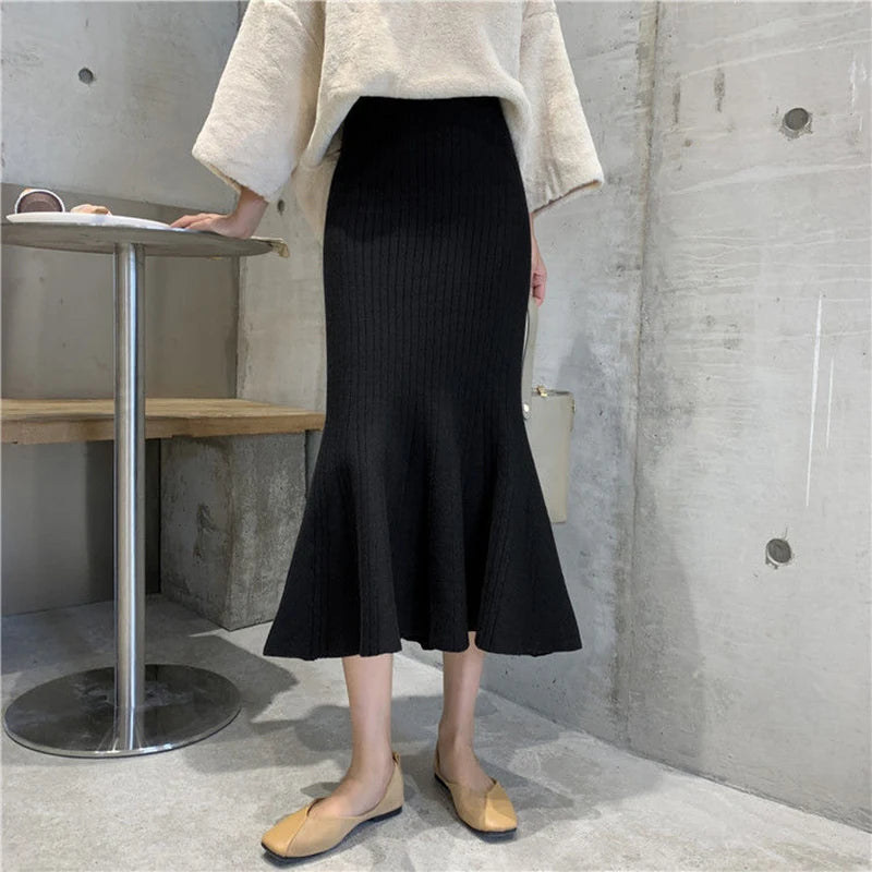 Knitting Knitting Winter Elegance High Elastic Waist Wrap Hip Temperament Ruffles A-line Skinny Mermaid Women Long Skirt