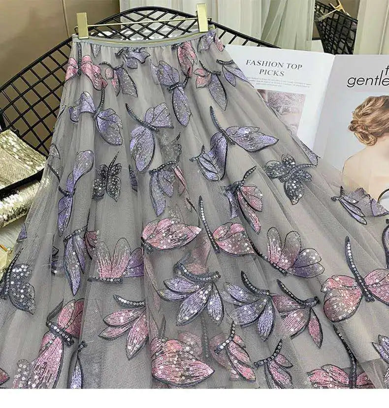 Sequin Mesh Embroidery Dragonfly Long Skirt Women's Spring And Summer Slim High Waist Pleated Sweet Midi Tulle Skirt Print skirt