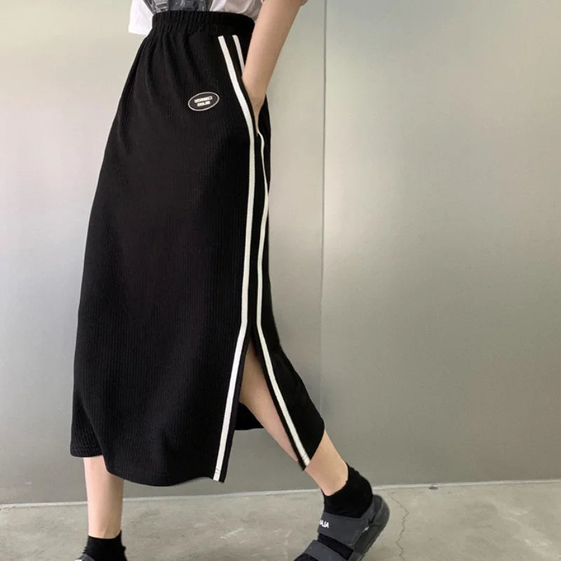 Skirts for Fall/winter New Style Thin Temperament Mid-length High-waist All-match Color Matching Student Split A-line Skirt