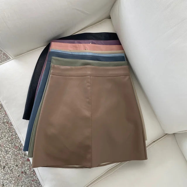 Women's Leather Skirt A-line Female Skirts Small Early Autumn New Korean Version of The High Waist Wild Package Hip midi skirt