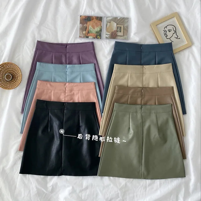 Women's Leather Skirt A-line Female Skirts Small Early Autumn New Korean Version of The High Waist Wild Package Hip midi skirt