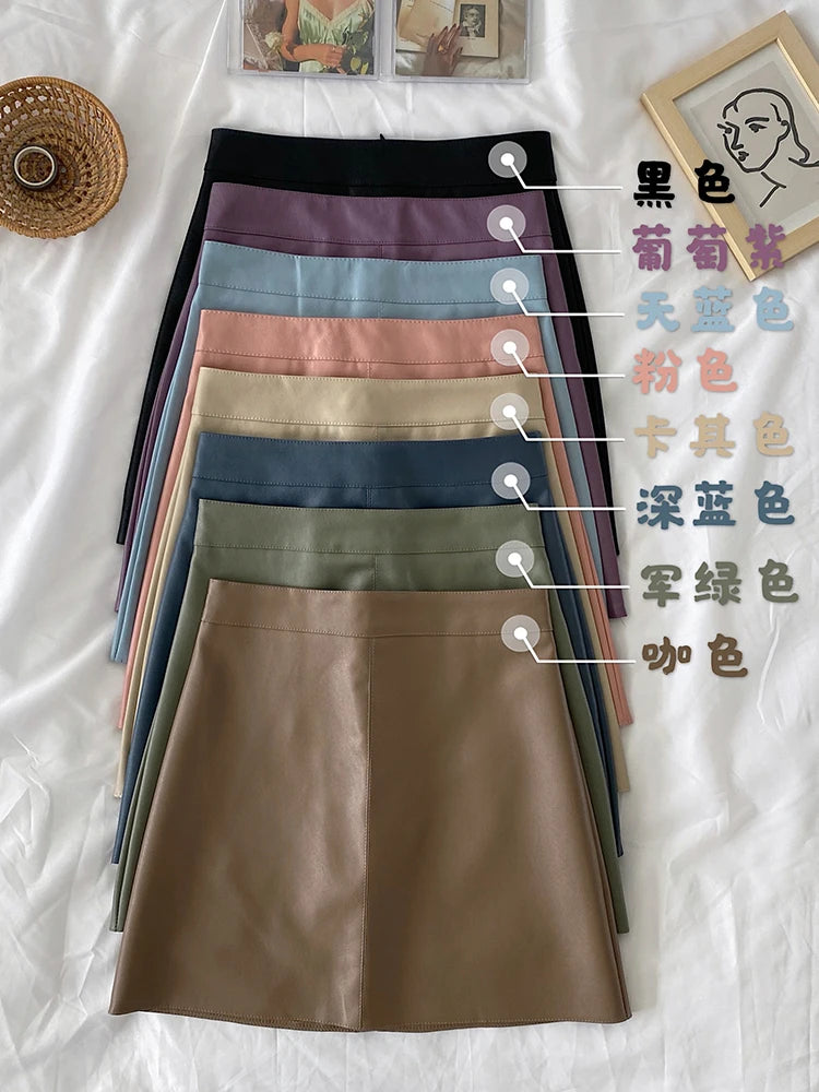 Women's Leather Skirt A-line Female Skirts Small Early Autumn New Korean Version of The High Waist Wild Package Hip midi skirt
