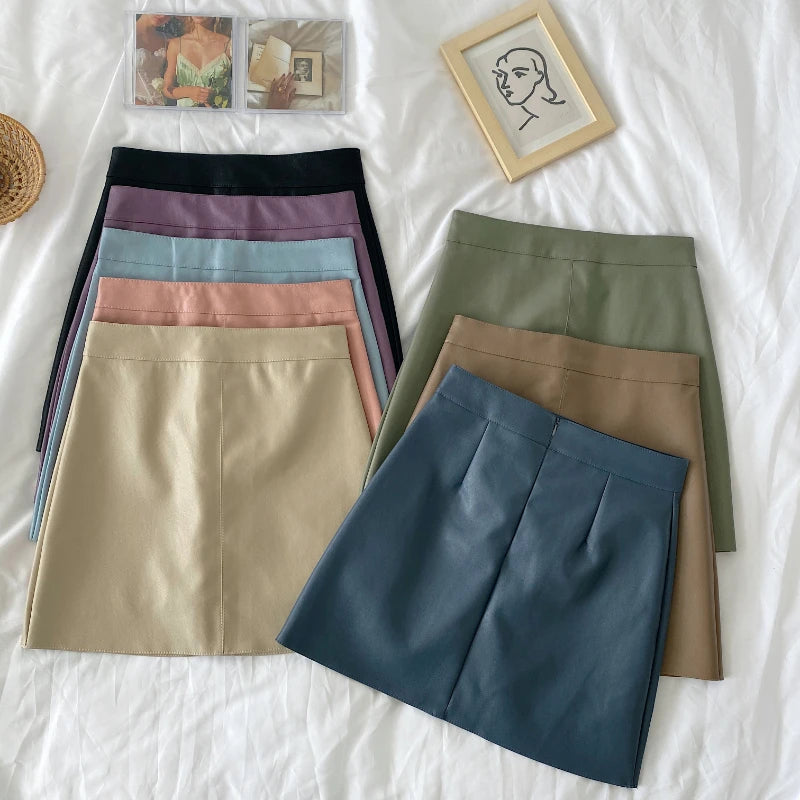 Women's Leather Skirt A-line Female Skirts Small Early Autumn New Korean Version of The High Waist Wild Package Hip midi skirt