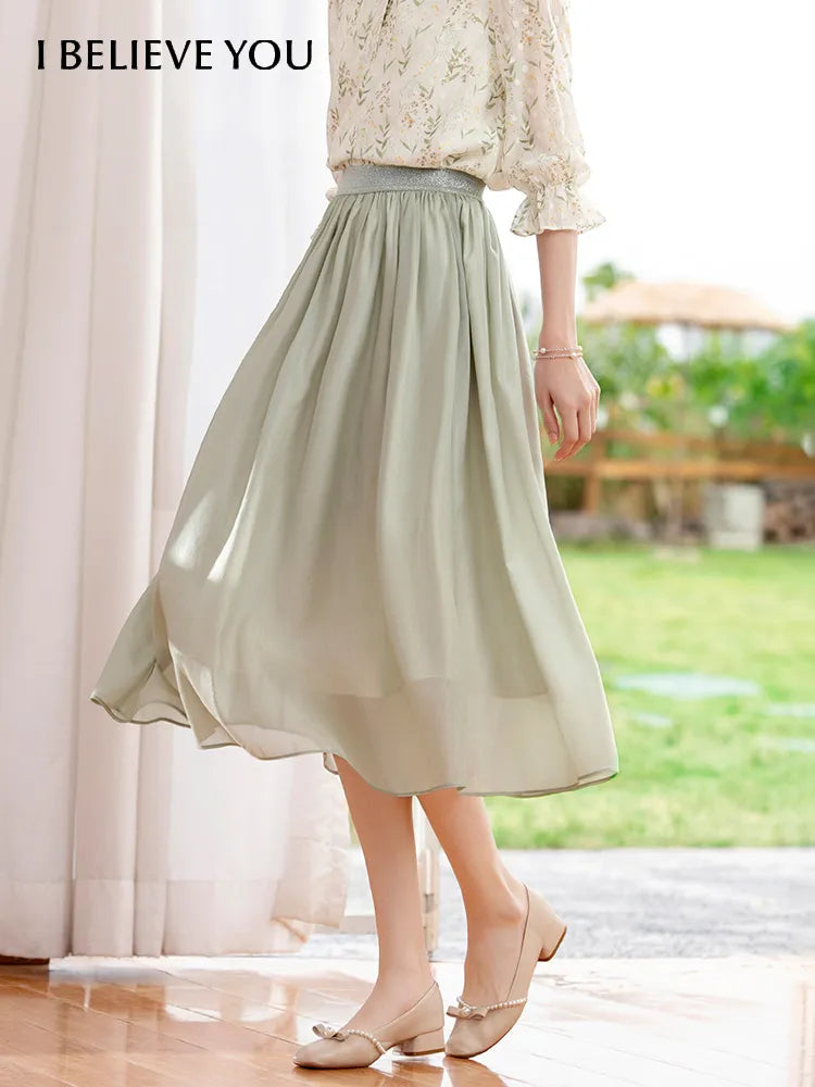 I BELIEVE YOU New Elegant mercerized Midi Skirt for Women Summer 2022 A-Line Elastic Waist Sweet Skirts Female Robe 2222024427