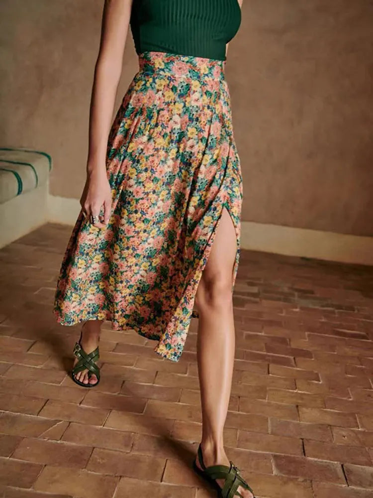 Spring and Summer New Women Skirt Idyllic Floral High-waisted Split Midi Skirt