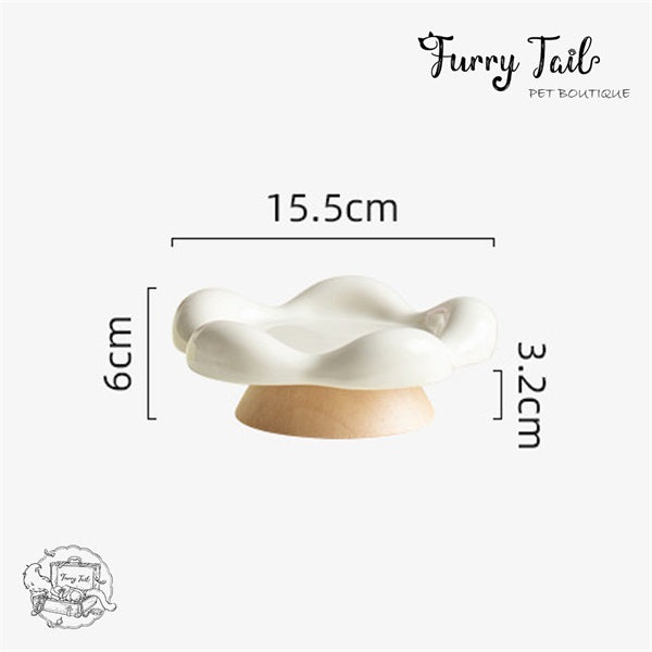 Floral Ceramic Pet Cat Dog Food Bowl Non-Slip Low Foot Wooden Stand