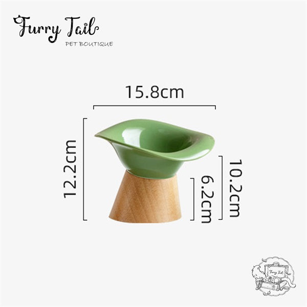 Ceramic Pet Cat Dog Bowl High Foot Anti-slip Tilted Wooden Base