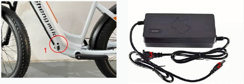 Étape 3 : Le moyen le plus sûr de charger votre batterie Commencez par brancher le chargeur sur le port de chargement de la batterie. Avec la batterie à l'intérieur du vélo, placez le chargeur sur un endroit plat et sûr et connectez la fiche de sortie CC du chargeur (connecteur cylindrique (2)) au port de charge (1) sur le côté de la batterie. Branchez le chargeur sur une prise électrique. Connectez la fiche d'entrée du chargeur (3) (fiche 110-240 volts) à une prise électrique. La charge devrait commencer et le voyant LED d’état de charge du chargeur s’affichera en rouge. Débranchez le chargeur de la prise, puis du port de charge. Une fois complètement chargé, le voyant de charge passe du rouge au vert, débranchez d'abord le chargeur de la prise murale, puis débranchez la fiche de sortie du chargeur du port de chargement de la batterie.