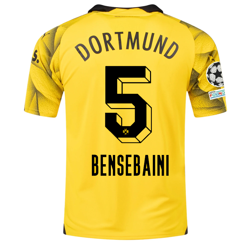 Puma Mens Borussia Dortmund Ramy Bensebaini Third Jersey w/ Champions League Patches 23/24 (Cyber Yellow/Puma Black)