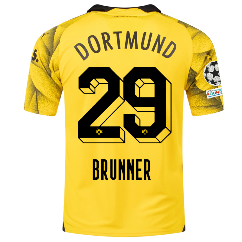 Puma Mens Borussia Dortmund Paris Brunner Third Jersey w/ Champions League Patches 23/24 (Cyber Yellow/Puma Black)