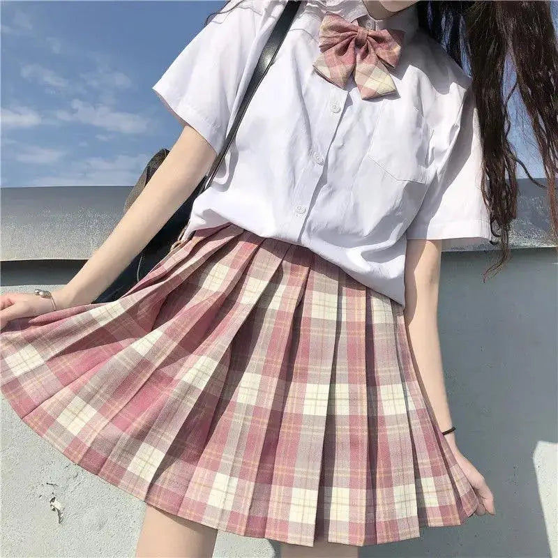 Summer Women's Mini Skirt Harajuku Korean Fashion Sweet Cute Jk Kawaii Skirt Girl High Waist Plaid Pink Pleated Skirt