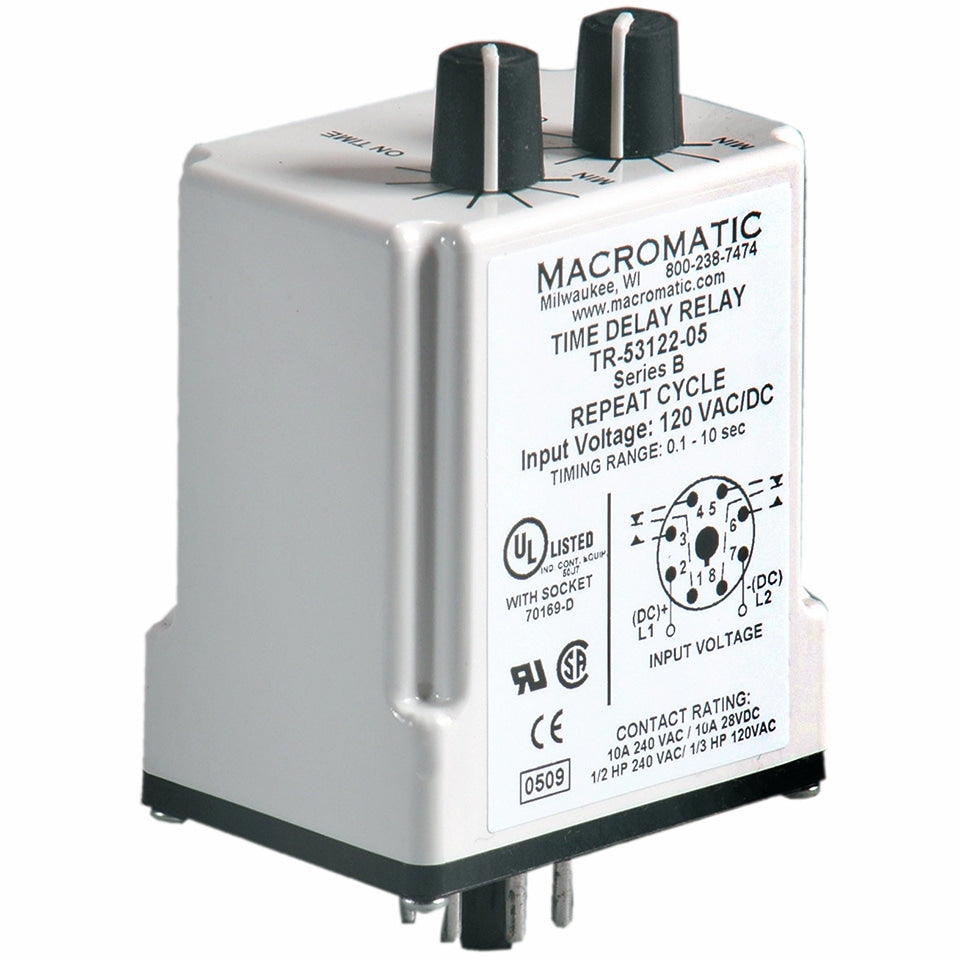 TR-56528-08R5-04R6 | Delayed interval (switch trigger) | 24V AC/DC | 10A DPDT | 0.05 - 5 seconds | 0.05 - 5 seconds | Plug-in | Analog | Macromatic