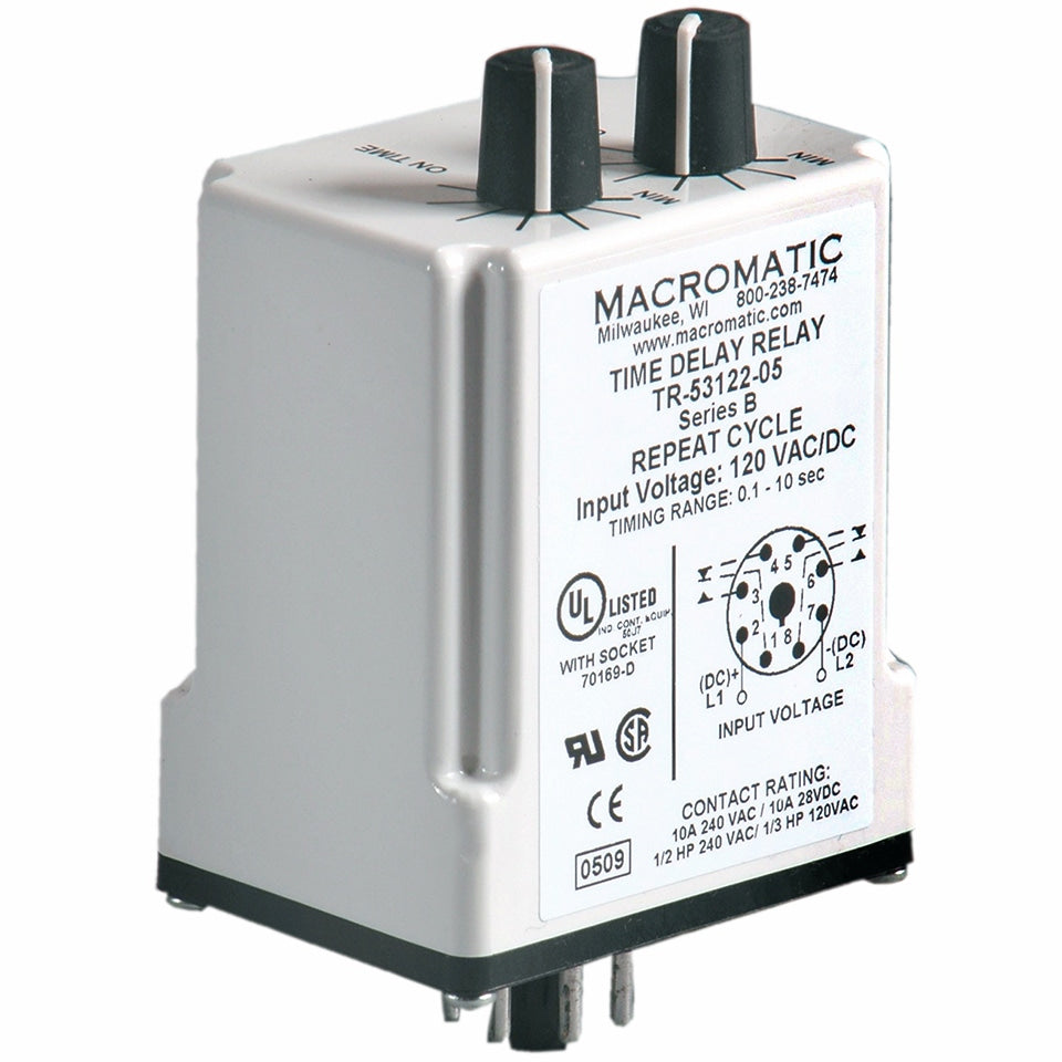 TR-56528-04-10R6 | Delayed interval (switch trigger) | 24V AC/DC | 10A DPDT | 0.05 - 5 seconds | 0.1 - 10 seconds | Plug-in | Analog | Macromatic