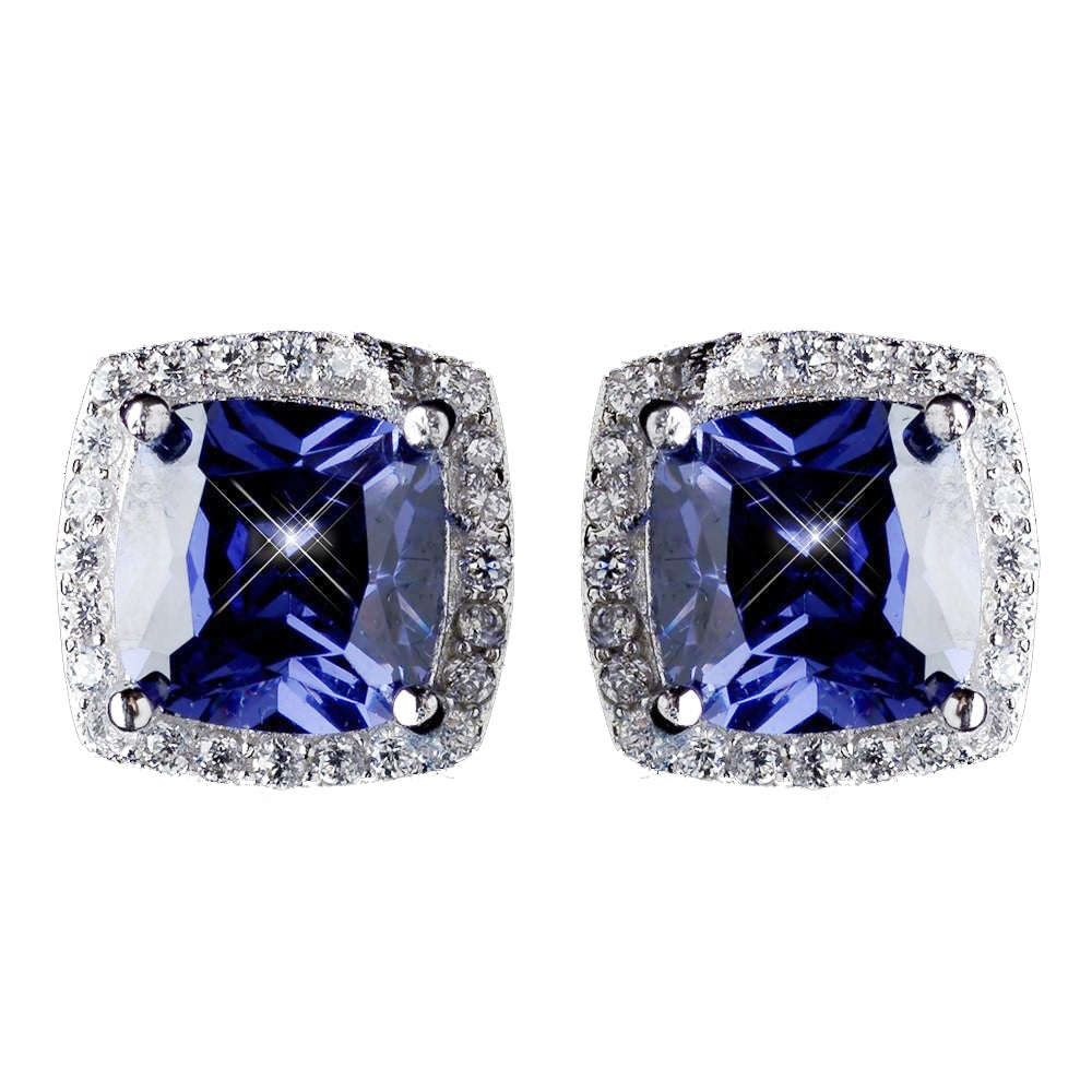 11mm Sterling Silver Princess Tanzanite CZ Crystal Stud Bridal Wedding Earrings