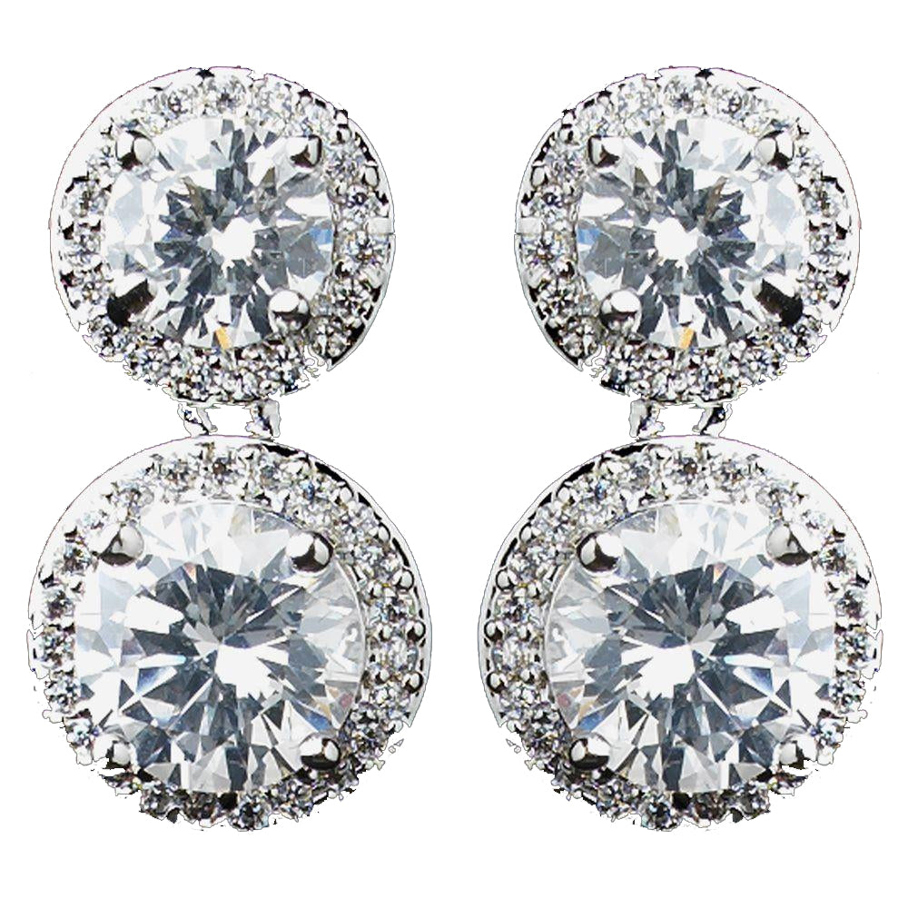 Rhodium Clear Double Pave Round CZ Drop Bridal Wedding Earrings 9730